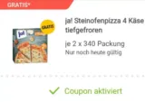 Gratis: 2* 340 Gramm ja! 4 Käse Steinofen Pizza ( REWE APP – 10,00 € MBW) 